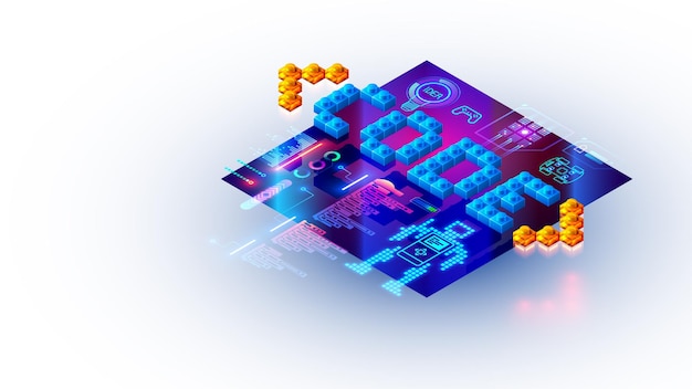 Coding or creating code of program for children Online training for kids about programming coding computer game and sciences skills Computer technology internet school Conceptual Banner on white