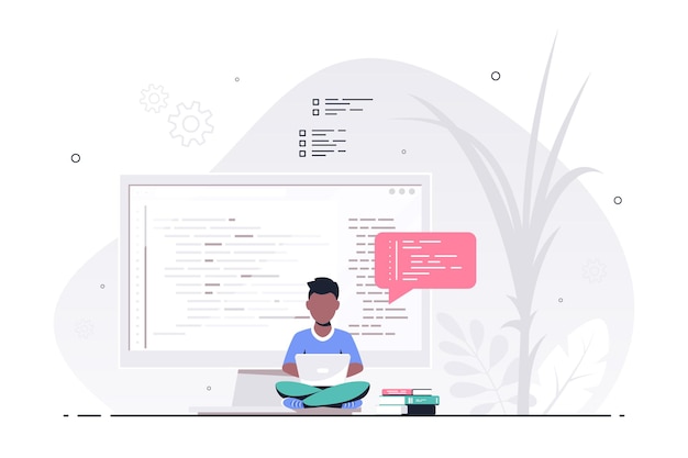 Coding, programming, application development concept. Black Man Programmer sitting on the big computer screen and working. Flat style banner design