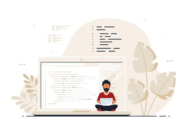 Coding, programming, application development concept. Black Man Programmer sitting on the big laptop and working. Flat style banner design