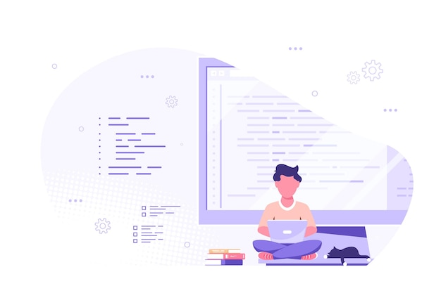 Coding, programming, application development concept. Caucasian Man Programmer sitting on the big computer screen and working. Flat style banner design