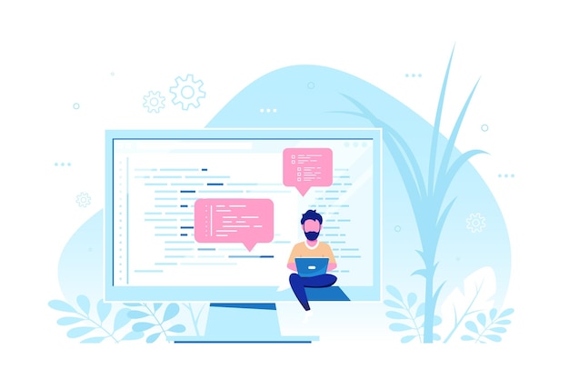 Coding, programming, application development concept. Caucasian Man Programmer sitting on the big computer screen and working. Flat style banner design