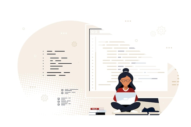 Coding, programming, application development concept. Young Black Woman Programmer sitting on big computer screen and working. Flat style banner design