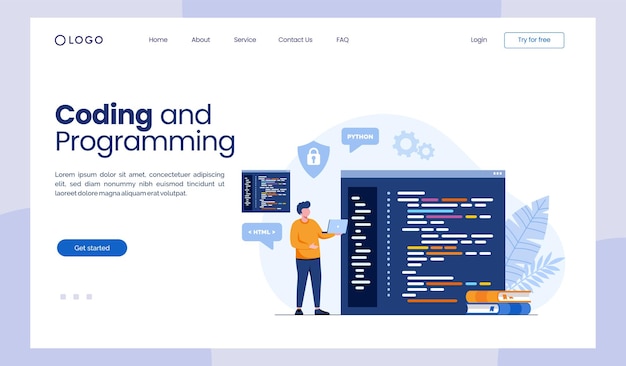 Coding programming languages css html it ui programmer cartoon character developing website design flat illustration landing page