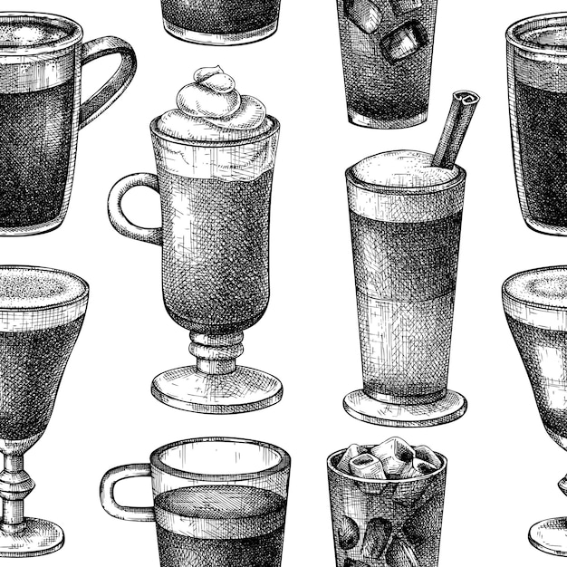 Coffee seamless pattern Vector sketches of mugs with aromatic caffeine drinks background