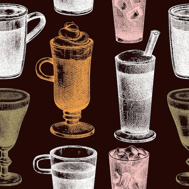 Coffee seamless pattern Vector sketches of mugs with aromatic caffeine drinks background