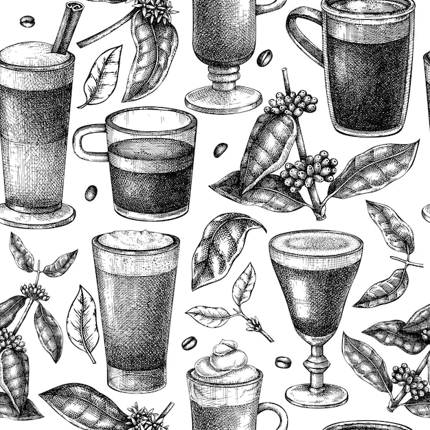 coffee seamless pattern vector sketches of mugs with aromatic caffeine drinks background