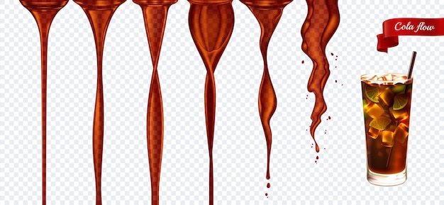 cola flow realistic set of isolated red liquid stream icons on transparent background with drinking glass vector illustration