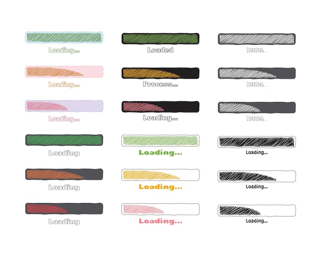 Collection Loading bar status icon Vector illustration Set of vector loaded icons Download progress Donload or Upload Handdrawn sketchscribble