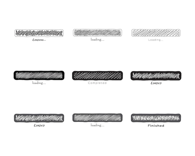Collection Loading bar status icon Vector Set icons Download progress Handdrawn sketchscribble
