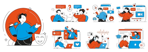 Collection modern people enjoy online digital services application vector flat illustration Man and woman recording podcast viral content internet learning distance education stand up performance
