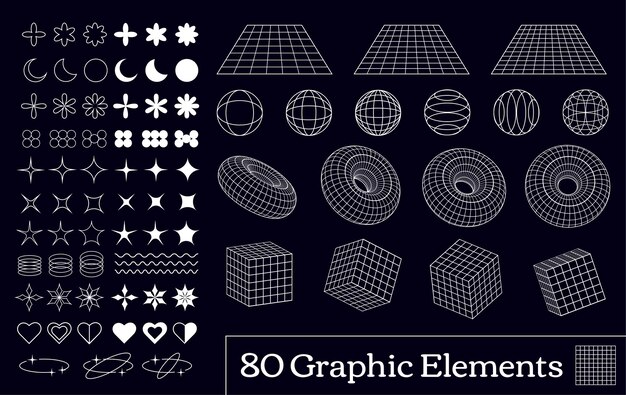 Collection of 80 vector Y2K retro elements emblems icons symbols and geometric forms in wireframe