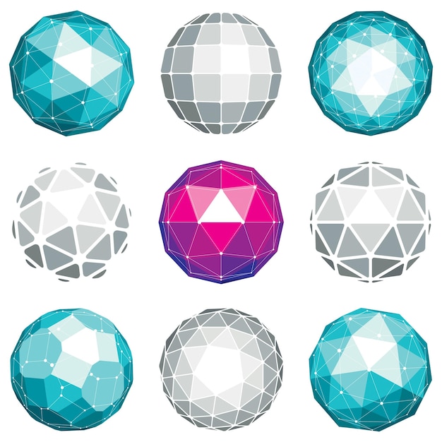 Collection of abstract vector low poly objects with lines and dots connected. Set of futuristic balls with overlapping lines mesh and geometric figures. 3d shapes can be used in technical modeling.