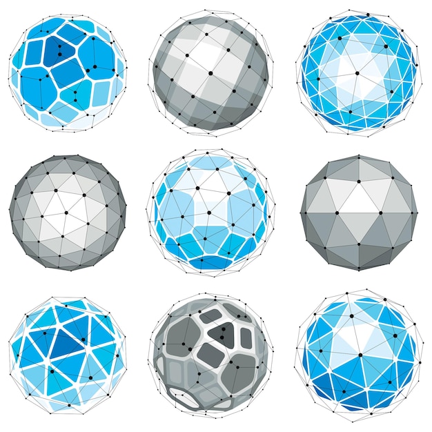 Collection of abstract vector low poly objects with lines and dots connected. Set of futuristic balls with overlapping lines mesh and geometric figures. 3d shapes can be used in technical modeling.