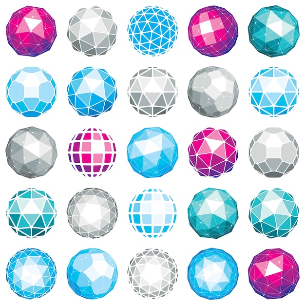 Collection of abstract vector low poly objects with lines and dots connected. Set of futuristic balls with overlapping lines mesh and geometric figures. 3d shapes can be used in technical modeling.
