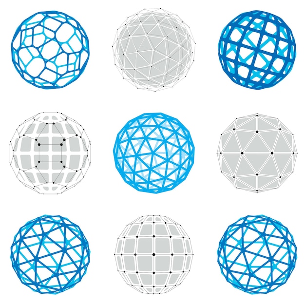 Collection of abstract vector low poly objects with lines and dots connected. Set of futuristic balls with overlapping lines mesh and geometric figures. 3d shapes can be used in technical modeling.