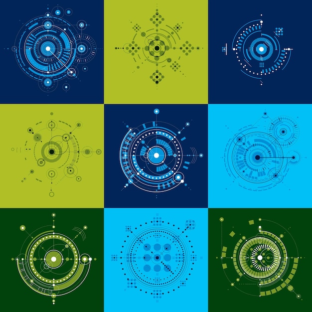 Collection of Bauhaus retro wallpapers, art vector background made using lines and circles. Geometric graphic 1960s illustration can be used as booklet cover design. Technological pattern.