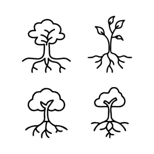 Collection of black and white tree icons with roots and branches