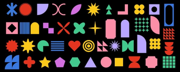 Collection of brutalist geometric shapes Trendy abstract minimalist figures stars flowes circles