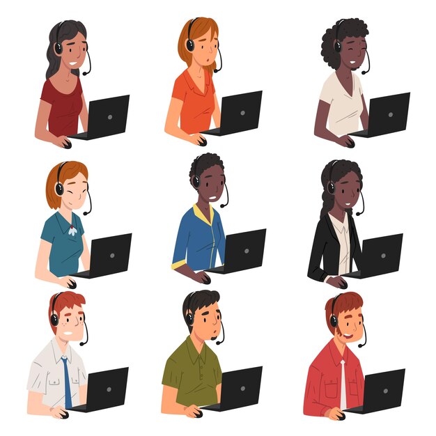 collection of call center operators male and female online customer support service assistants with