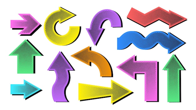 Collection of colorful halftone patterned arrows