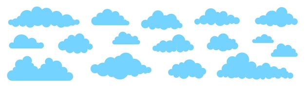 Collection of different abstract flat cartoon fluffy clouds isolated on blue sky panorama vector