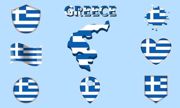 collection of flat national flags of greece with map
