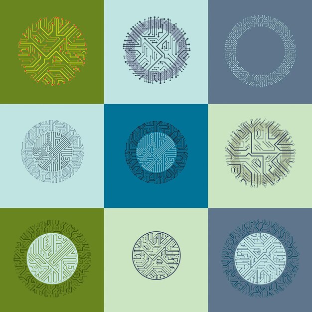Collection of futuristic cybernetic schemes, vector motherboards. Circular elements with circuit board texture.