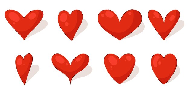 Collection of heart icons in hand drawn flat style red symbols of love with different shapes