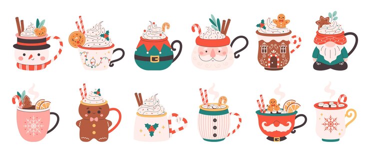 Vektori collection of holiday hot drinks in cute mugs creamy coffee hot chocolate christmas drinks