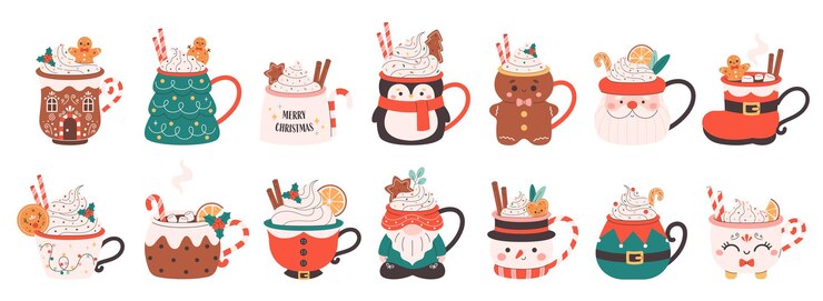 Vektori collection of holiday hot drinks in cute mugs creamy coffee hot chocolate christmas drunks