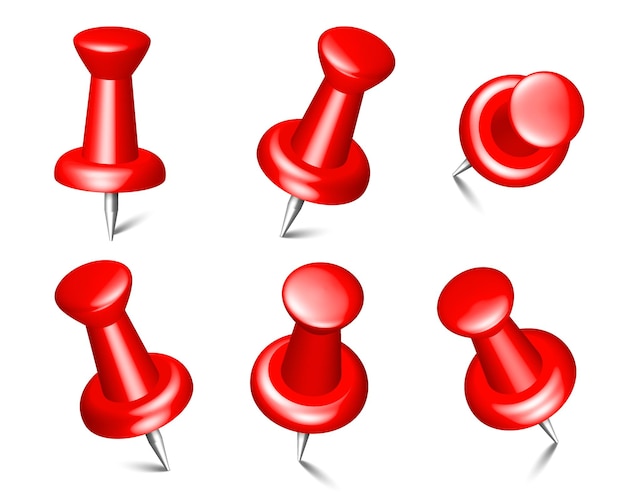 Collection of isolated red push pins thumbtacks for board notices and paper notes