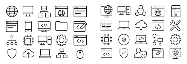 Collection of linear icons representing technology computers and web development tools in a minimalist style
