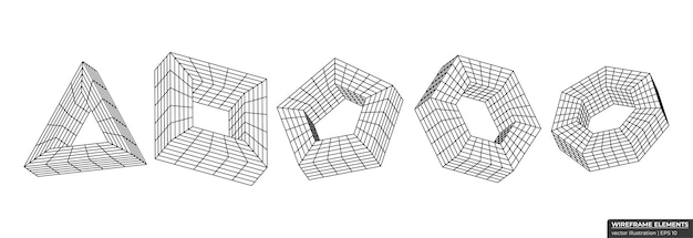 collection of lowpoly 3d polygonal shapes abstract 3d wireframe grid geometry vector illustration
