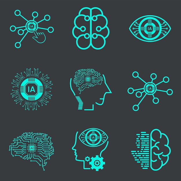 collection of nine technology icons such as robot digital vr ai cyber and artificial