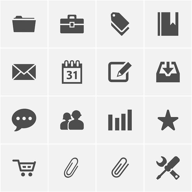 Collection of sixteen different business and office icons in a grid layout
