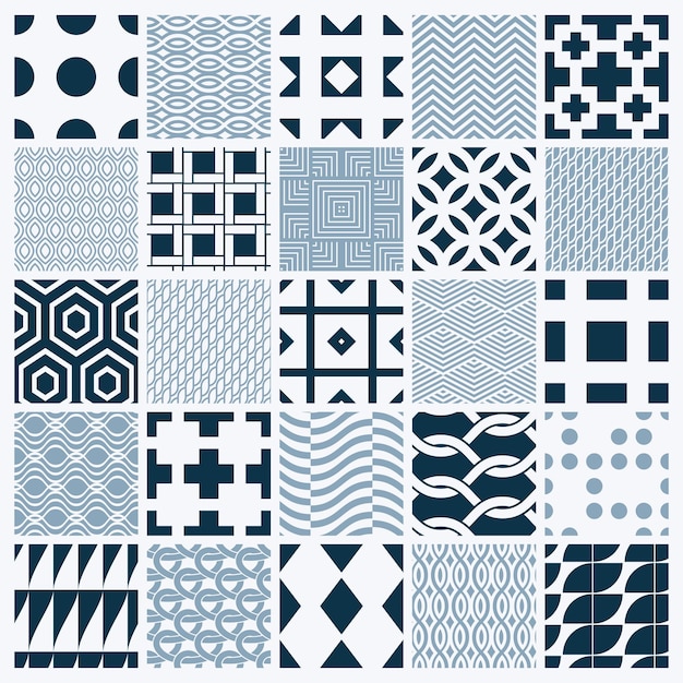 Collection of vector abstract seamless compositions, symmetric ornate backgrounds created with simple geometric shapes. Black and white.