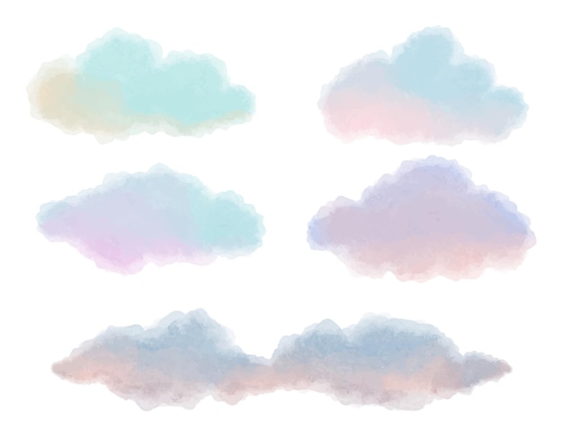Collection of watercolor hand drawn clouds in pastel colors
