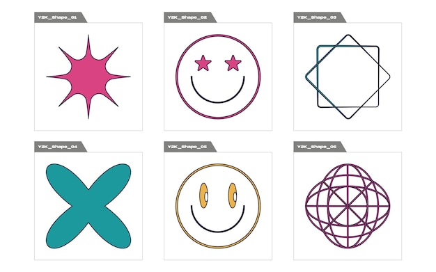 Collection of Y2K elements Rave psychedelic retro futuristic set Flat minimalist icons