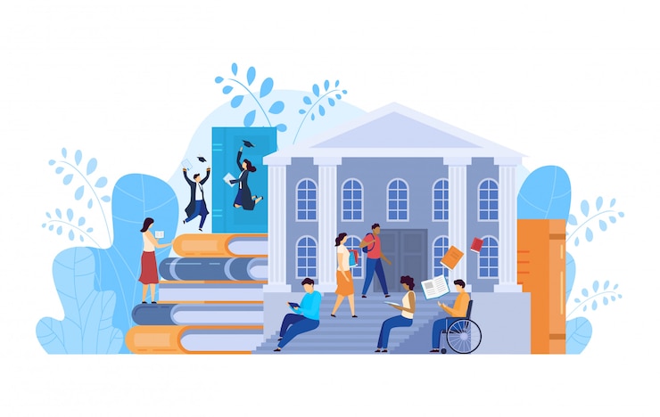 Vektori college students, university education concept, people illustration