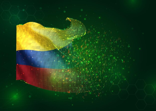 colombia on vector 3d flag on green background with polygons and data numbers