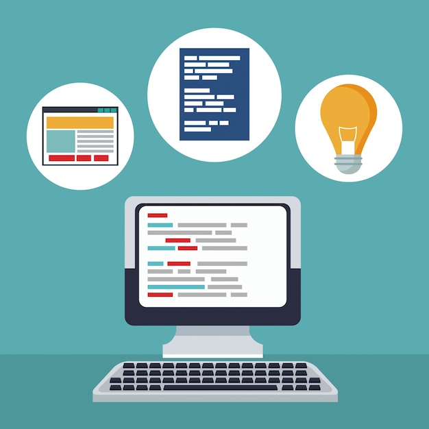 Color background desk computer device with icons in circular frame of web development 
