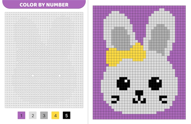 color by number cute bunny with bow pixel coloring book numbered squares game for kids
