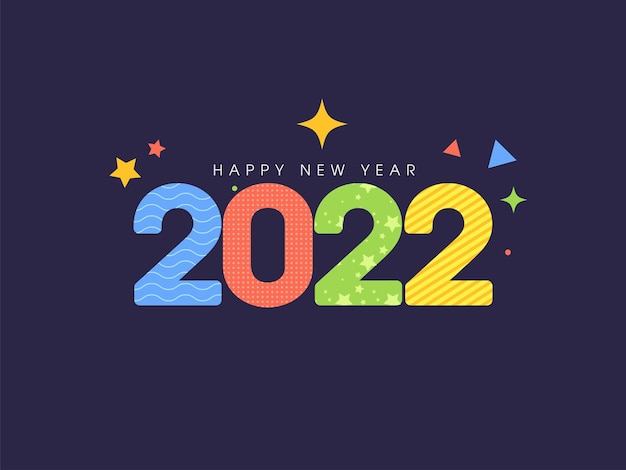 Colorful 2022 Number In Various Pattern On Blue Background For Happy New Year Concept.
