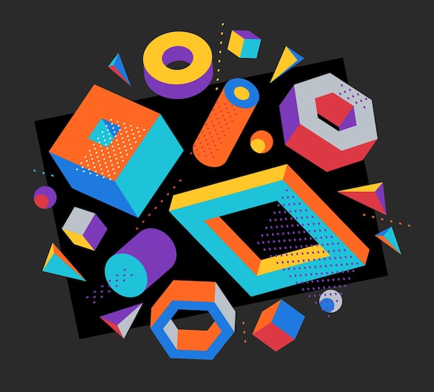 Colorful 3D shapes vector composition on dark background bright positive dimensional design elements boxes and cylinders and other shapes simple stylish illustration