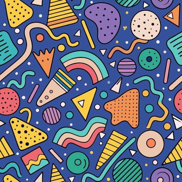 Colorful abstract geometric shapes seamless pattern on blue background