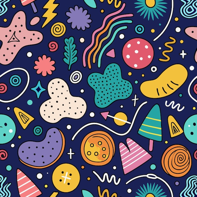 Colorful abstract seamless pattern with various shapes and lines on dark blue background