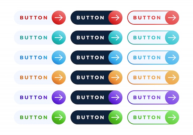 colorful button set. three style flat line gradient slide button collection with text and arrow.
