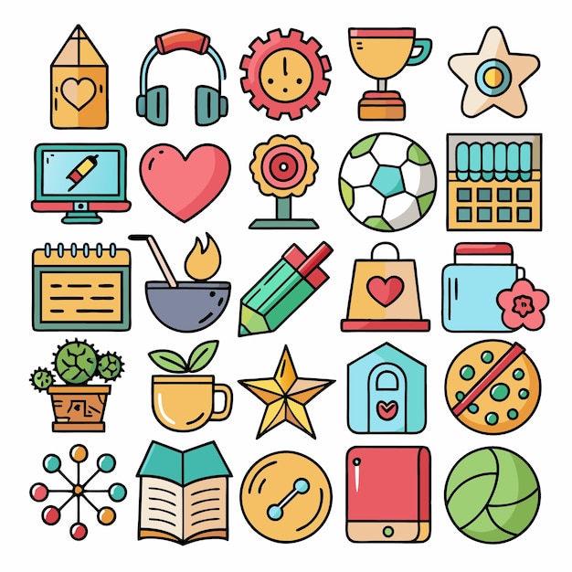 Colorful Cartoon Icons Collection Food Objects and Fun Items