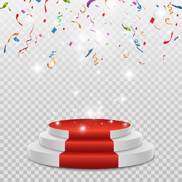 Colorful confetti scattered. Confetti falls on a podium with a lighting effect.
