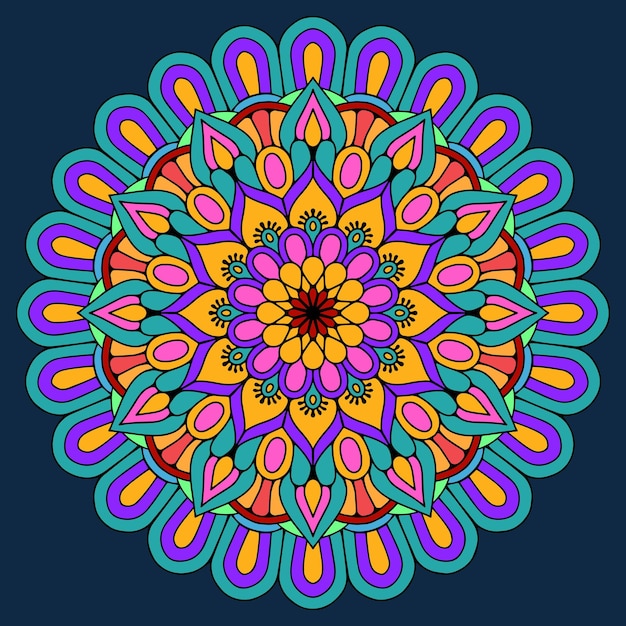 Colorful floral mandala vector illustration on dark blue background